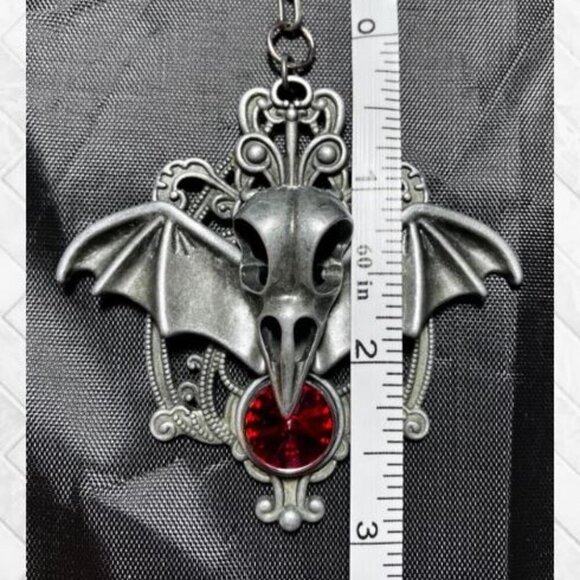 "Evil Bat" Bird Skeleton Head and Ruby-Colored Austrian Crystal Pendant - Picture 8 of 11